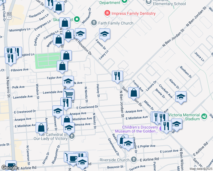 map of restaurants, bars, coffee shops, grocery stores, and more near 1808 Lawndale Avenue in Victoria