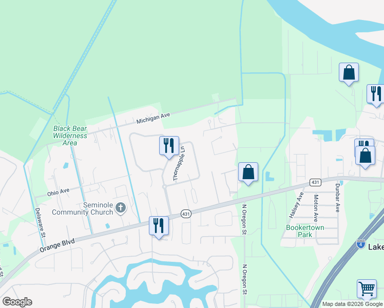 map of restaurants, bars, coffee shops, grocery stores, and more near 4956 Rock Rose Loop in Sanford