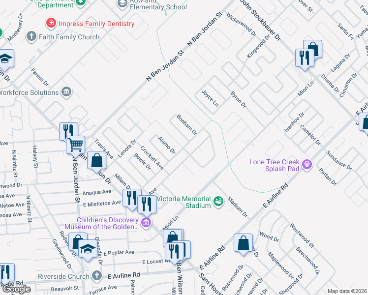 map of restaurants, bars, coffee shops, grocery stores, and more near 3205 East Mistletoe Avenue in Victoria