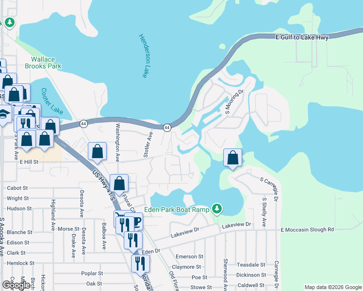 map of restaurants, bars, coffee shops, grocery stores, and more near 1304 Cypress Cove Court in Inverness