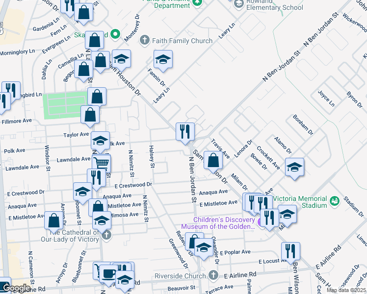 map of restaurants, bars, coffee shops, grocery stores, and more near 2002 Lawndale Avenue in Victoria