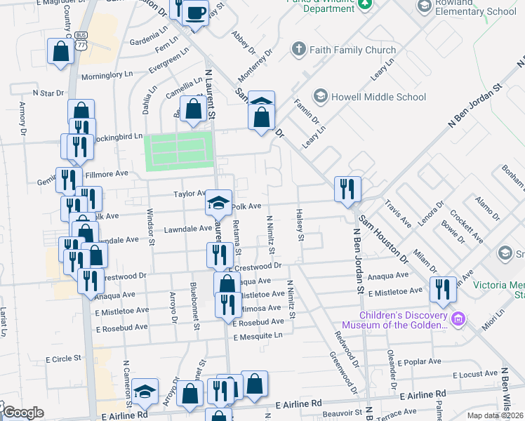 map of restaurants, bars, coffee shops, grocery stores, and more near 1507 East Polk Avenue in Victoria