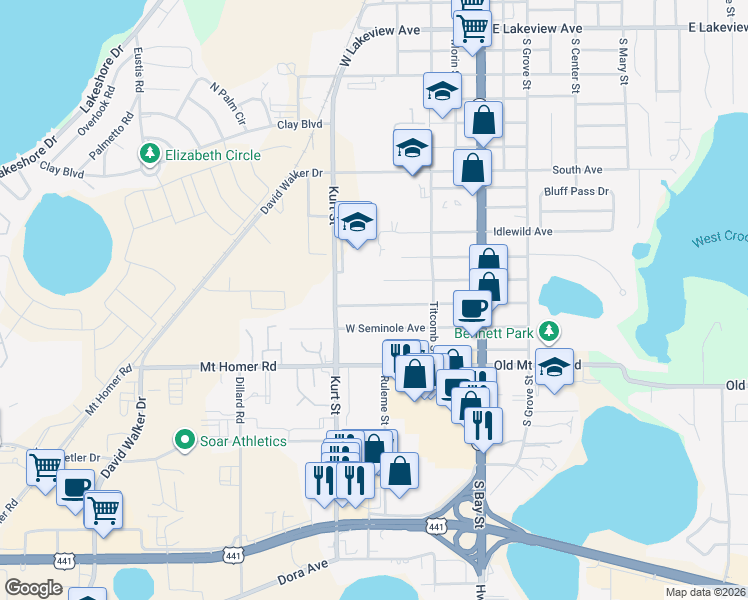 map of restaurants, bars, coffee shops, grocery stores, and more near 411 West Charlotte Avenue in Eustis