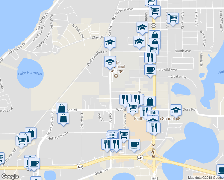 map of restaurants, bars, coffee shops, grocery stores, and more near 521 West Charlotte Avenue in Eustis