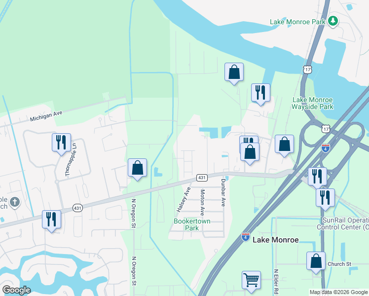 map of restaurants, bars, coffee shops, grocery stores, and more near 4565 Dulwik Place in Sanford