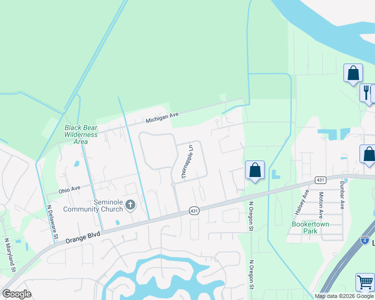 map of restaurants, bars, coffee shops, grocery stores, and more near 1574 Thornapple Lane in Sanford