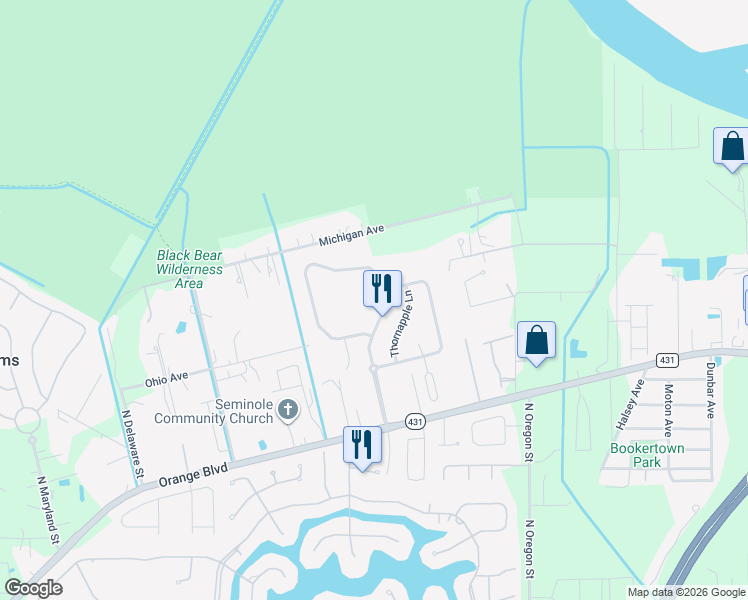 map of restaurants, bars, coffee shops, grocery stores, and more near 1576 Stargazer Terrace in Sanford