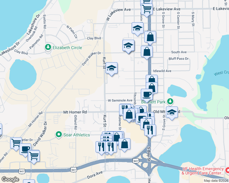 map of restaurants, bars, coffee shops, grocery stores, and more near 411 West Charlotte Avenue in Eustis