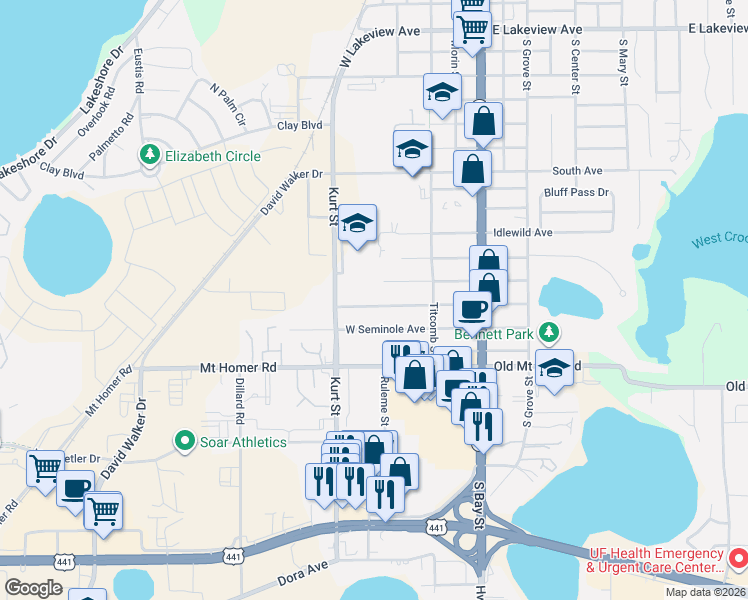 map of restaurants, bars, coffee shops, grocery stores, and more near 411 West Charlotte Avenue in Eustis