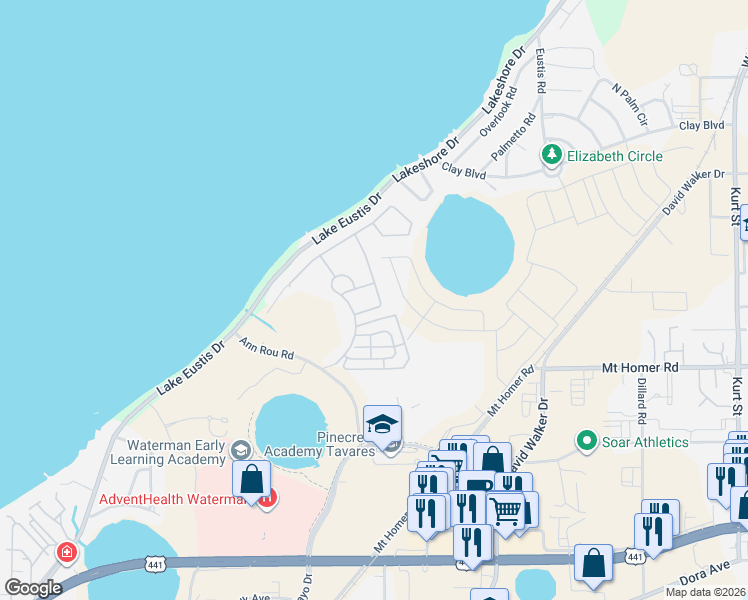 map of restaurants, bars, coffee shops, grocery stores, and more near 2961 Etowah Park Boulevard in Tavares