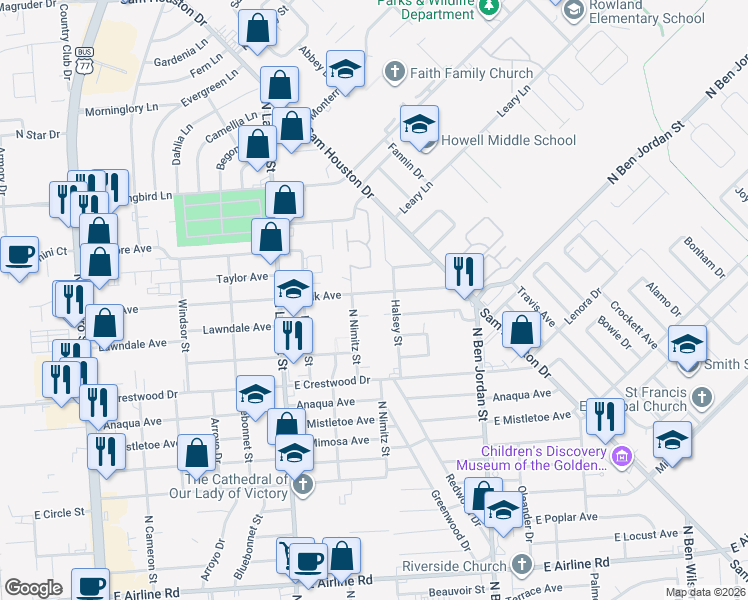 map of restaurants, bars, coffee shops, grocery stores, and more near 1701 East Polk Avenue in Victoria