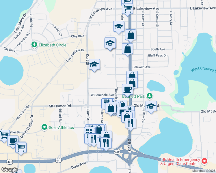 map of restaurants, bars, coffee shops, grocery stores, and more near 281 West Charlotte Avenue in Eustis