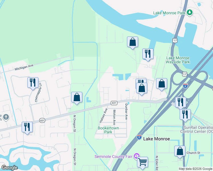 map of restaurants, bars, coffee shops, grocery stores, and more near 4565 Dulwik Place in Sanford