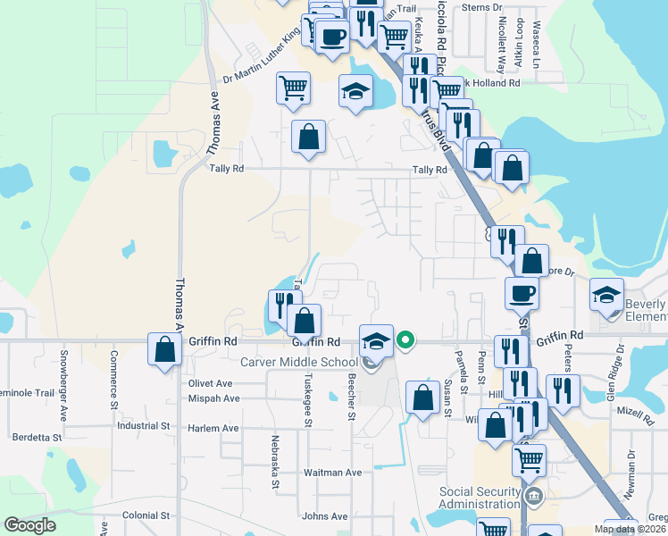 map of restaurants, bars, coffee shops, grocery stores, and more near 2116 Parkview Avenue in Leesburg