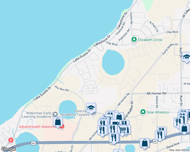 map of restaurants, bars, coffee shops, grocery stores, and more near 3146 Bayou Lane in Tavares