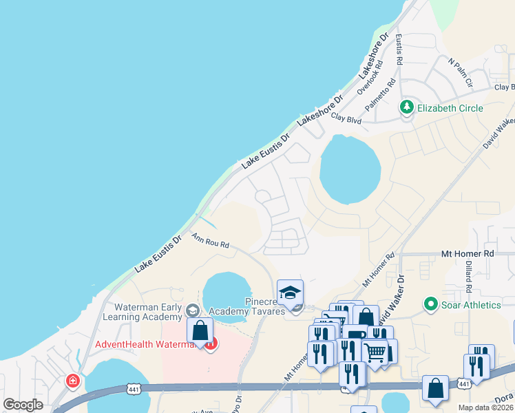 map of restaurants, bars, coffee shops, grocery stores, and more near 2991 Etowah Park Boulevard in Tavares