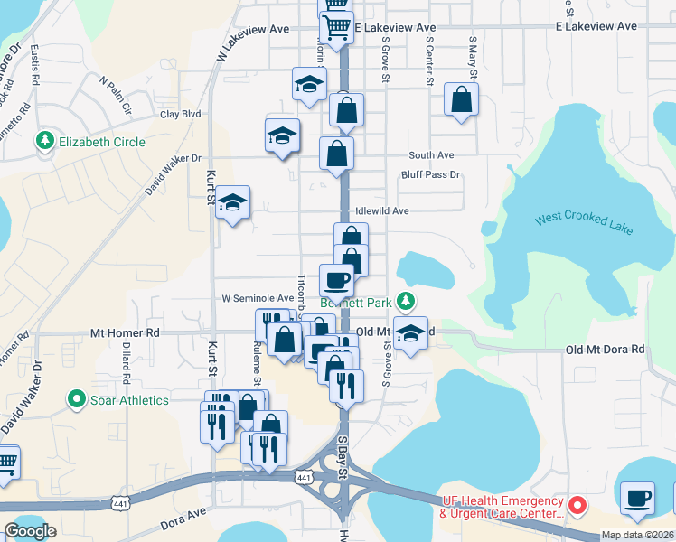 map of restaurants, bars, coffee shops, grocery stores, and more near 2310 South Bay Street in Eustis