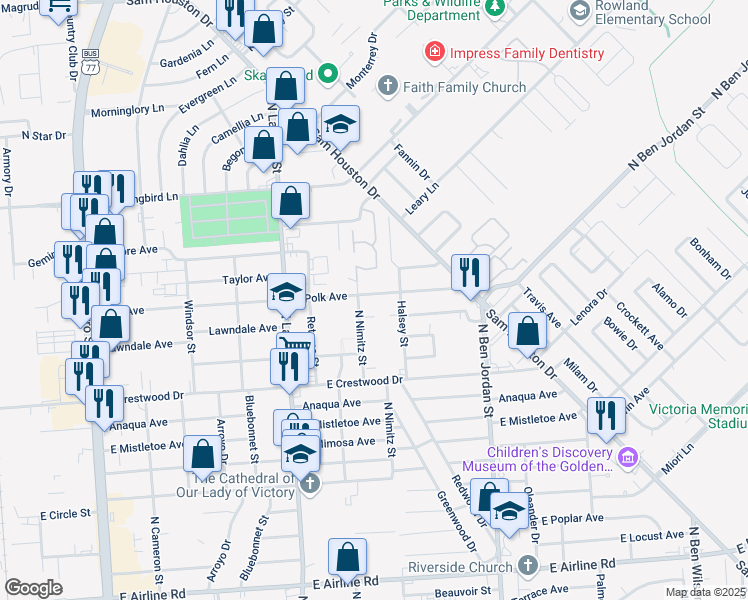 map of restaurants, bars, coffee shops, grocery stores, and more near 1605 East Polk Avenue in Victoria