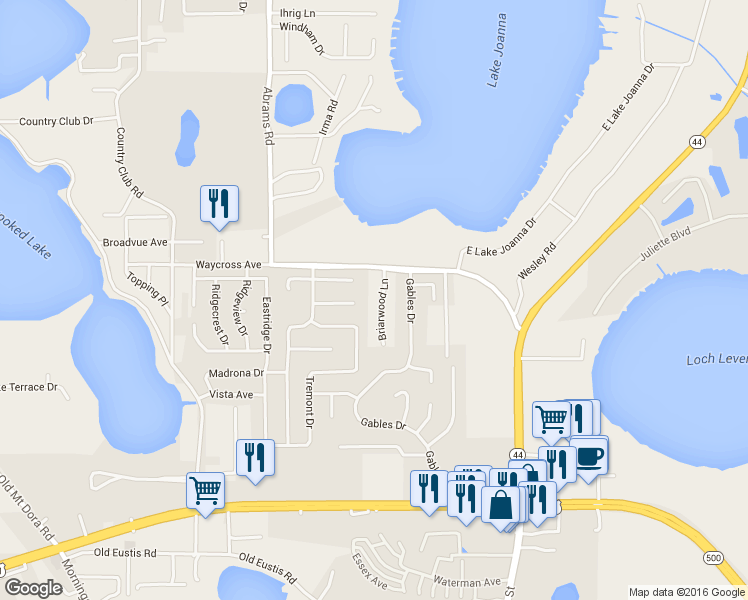 map of restaurants, bars, coffee shops, grocery stores, and more near 2413 Briarwood Lane in Eustis
