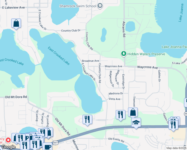 map of restaurants, bars, coffee shops, grocery stores, and more near 2433 East Crooked Lake Drive in Eustis