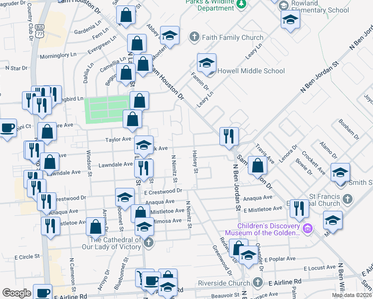 map of restaurants, bars, coffee shops, grocery stores, and more near 1701 East Polk Avenue in Victoria