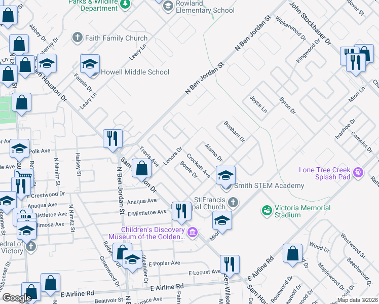 map of restaurants, bars, coffee shops, grocery stores, and more near 1608 Crockett Avenue in Victoria