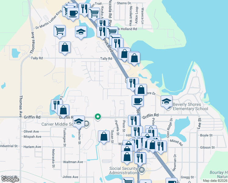 map of restaurants, bars, coffee shops, grocery stores, and more near 1517 Akron Drive in Leesburg