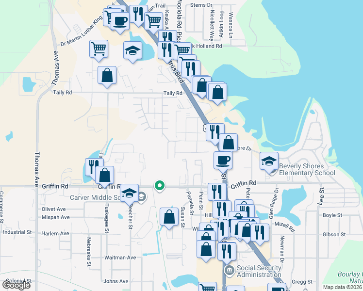 map of restaurants, bars, coffee shops, grocery stores, and more near 1517 Akron Drive in Leesburg