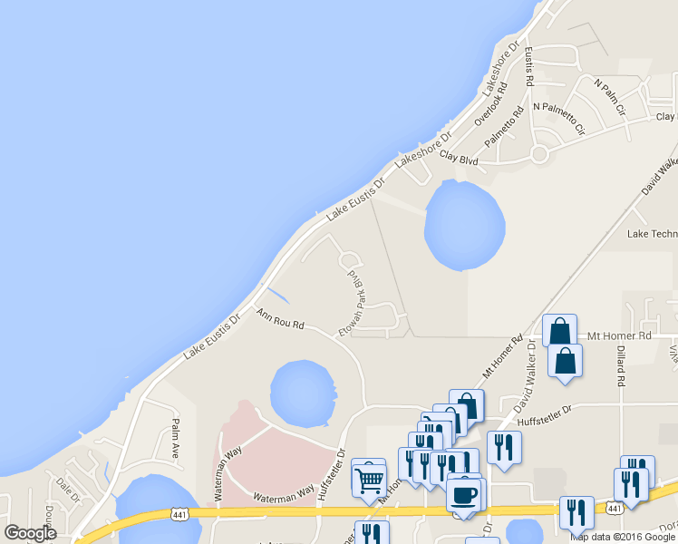 map of restaurants, bars, coffee shops, grocery stores, and more near 2991 Etowah Park Boulevard in Tavares