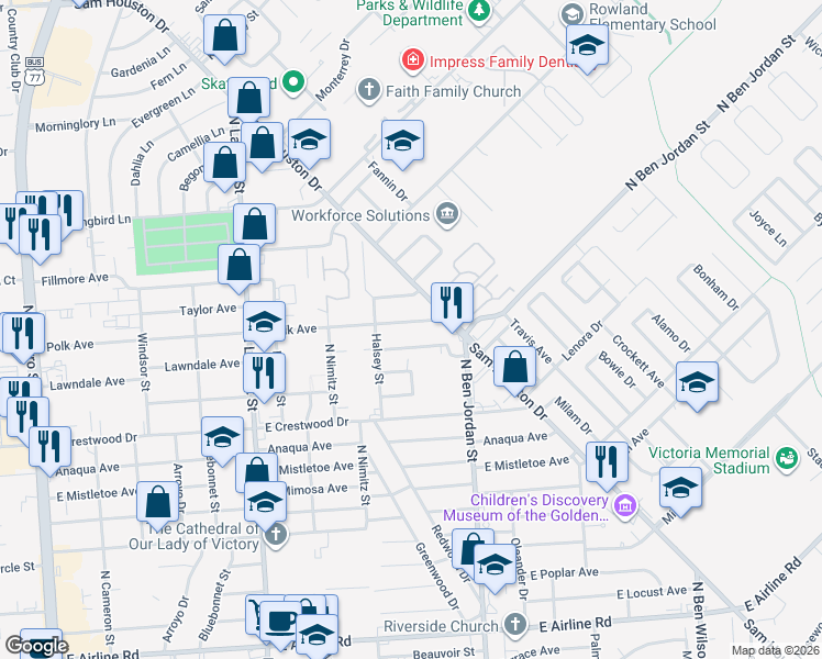 map of restaurants, bars, coffee shops, grocery stores, and more near 1808 Lawndale Avenue in Victoria