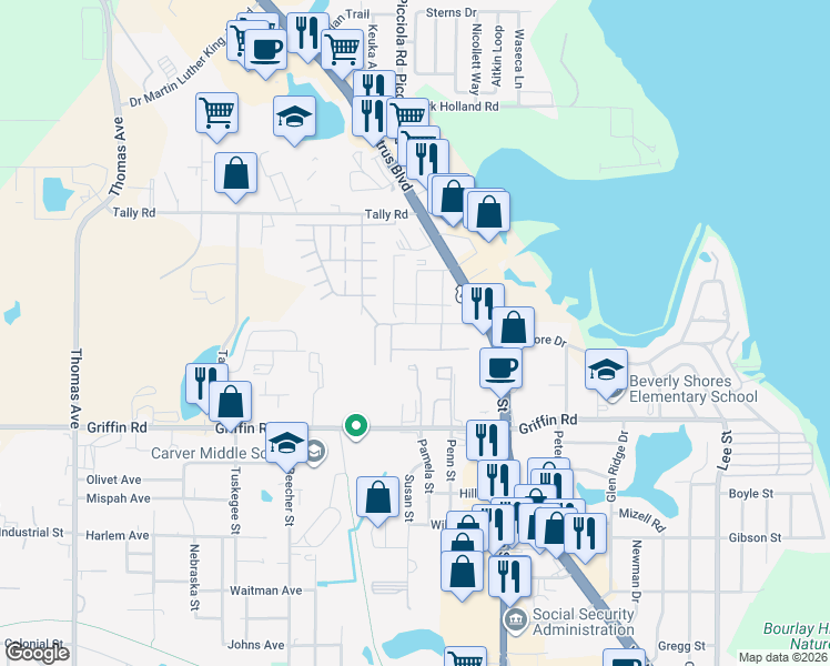 map of restaurants, bars, coffee shops, grocery stores, and more near 1517 Akron Drive in Leesburg