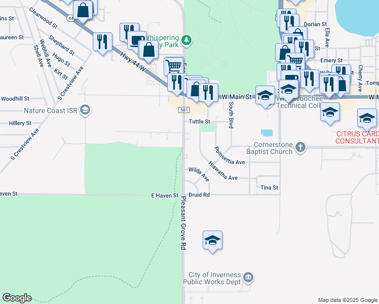 map of restaurants, bars, coffee shops, grocery stores, and more near 316 Pleasant Grove Road in Inverness