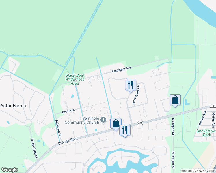 map of restaurants, bars, coffee shops, grocery stores, and more near 1751 Stargazer Terrace in Sanford