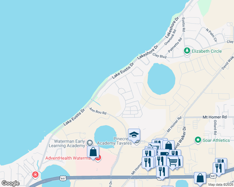 map of restaurants, bars, coffee shops, grocery stores, and more near 2997 Etowah Park Boulevard in Tavares