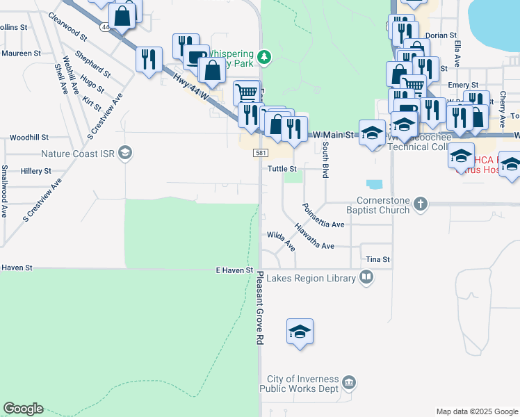 map of restaurants, bars, coffee shops, grocery stores, and more near 316 Pleasant Grove Road in Inverness