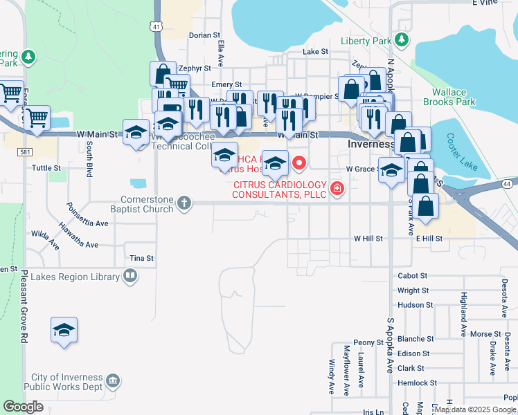 map of restaurants, bars, coffee shops, grocery stores, and more near 700 Medical Court East in Inverness
