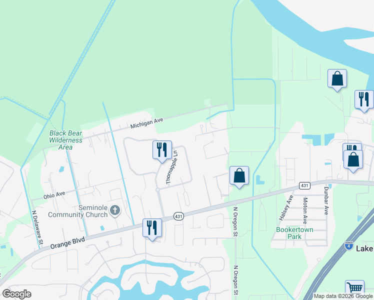 map of restaurants, bars, coffee shops, grocery stores, and more near 4956 Rock Rose Loop in Sanford