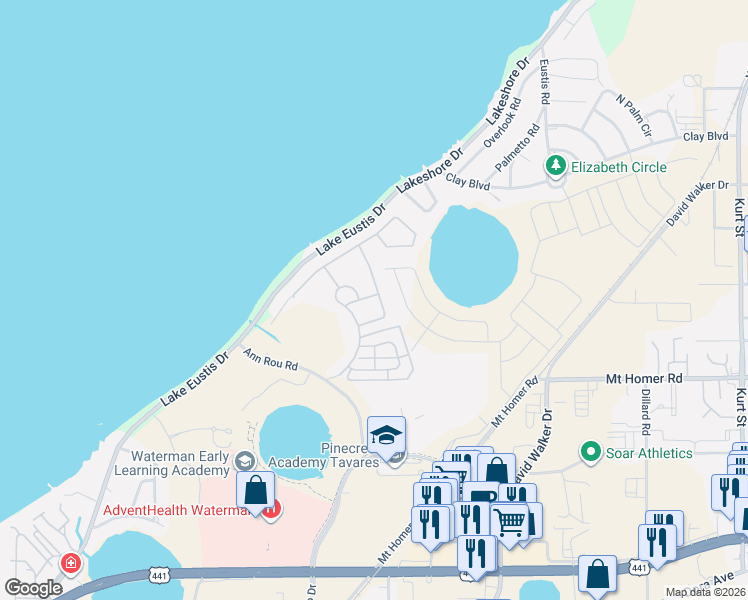 map of restaurants, bars, coffee shops, grocery stores, and more near 2961 Etowah Park Boulevard in Tavares