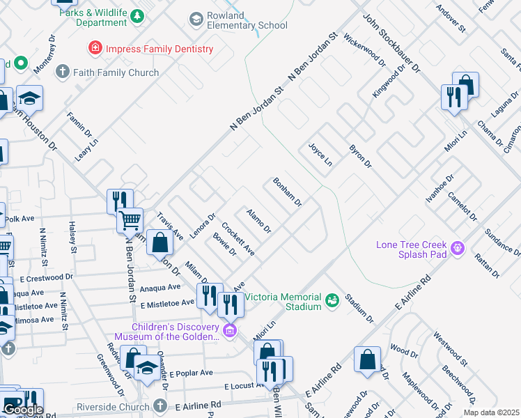 map of restaurants, bars, coffee shops, grocery stores, and more near 1610 Bexar Avenue in Victoria