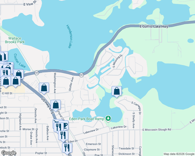 map of restaurants, bars, coffee shops, grocery stores, and more near 2040 South Mooring Drive in Inverness