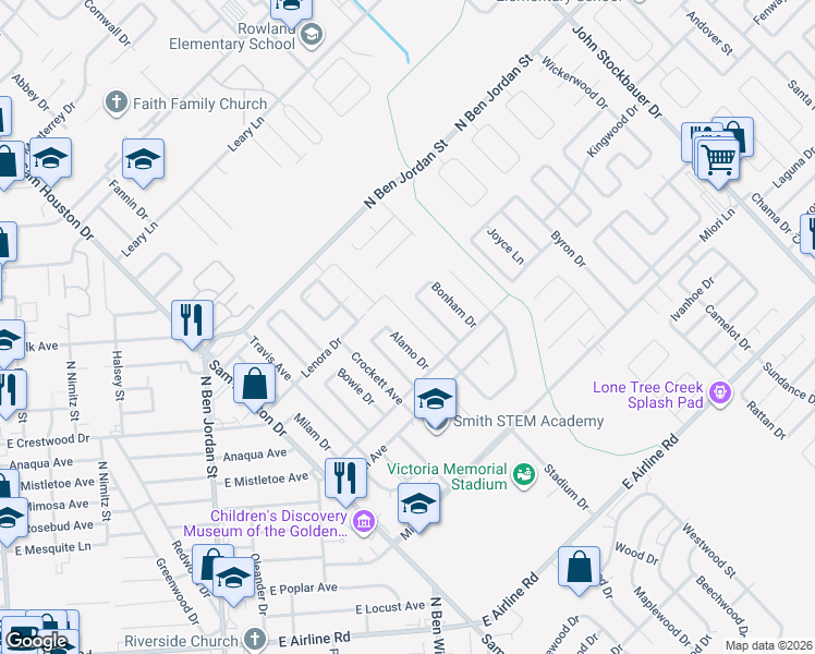 map of restaurants, bars, coffee shops, grocery stores, and more near 1610 Bexar Avenue in Victoria