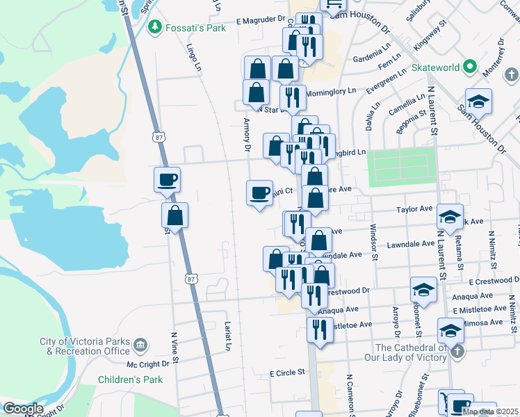 map of restaurants, bars, coffee shops, grocery stores, and more near 102 Evan Circle in Victoria