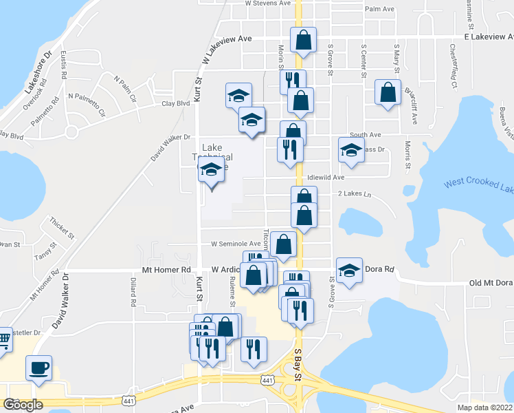 map of restaurants, bars, coffee shops, grocery stores, and more near 221 West Dicie Avenue in Eustis