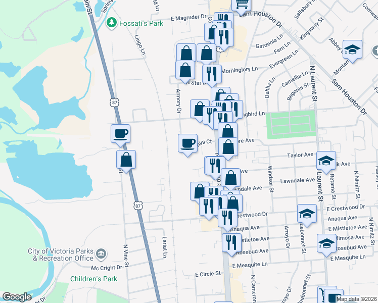map of restaurants, bars, coffee shops, grocery stores, and more near 102 Evan Circle in Victoria