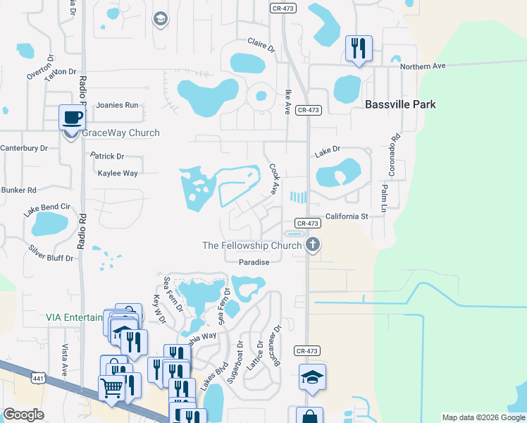 map of restaurants, bars, coffee shops, grocery stores, and more near 269 Palai Avenue in Leesburg