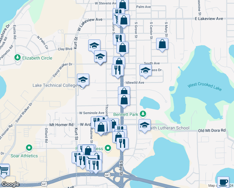 map of restaurants, bars, coffee shops, grocery stores, and more near 2200 South Bay Street in Eustis