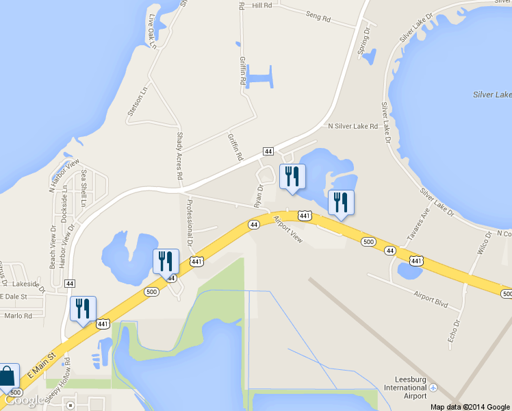 map of restaurants, bars, coffee shops, grocery stores, and more near 8301 County Road 44 in Leesburg