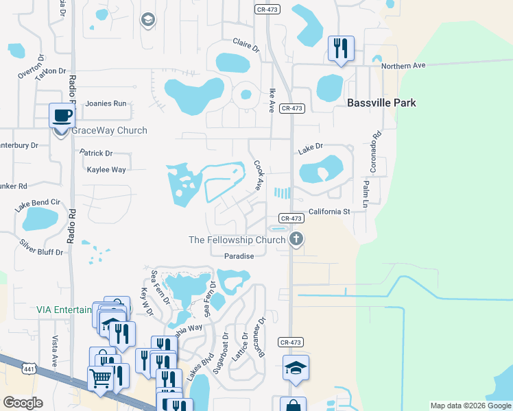 map of restaurants, bars, coffee shops, grocery stores, and more near 269 Palai Avenue in Leesburg
