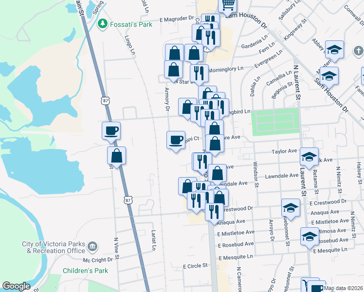 map of restaurants, bars, coffee shops, grocery stores, and more near 102 Evan Circle in Victoria