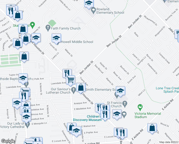 map of restaurants, bars, coffee shops, grocery stores, and more near 2004 Mission Drive in Victoria